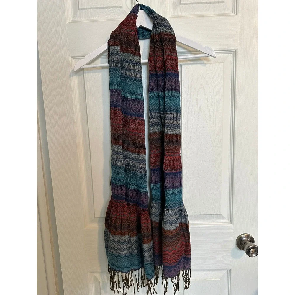 Joy Susan Boho Wrap Scarf Smocked Fringe Zigzag Multicolor Shawl Ruffle Hem‎